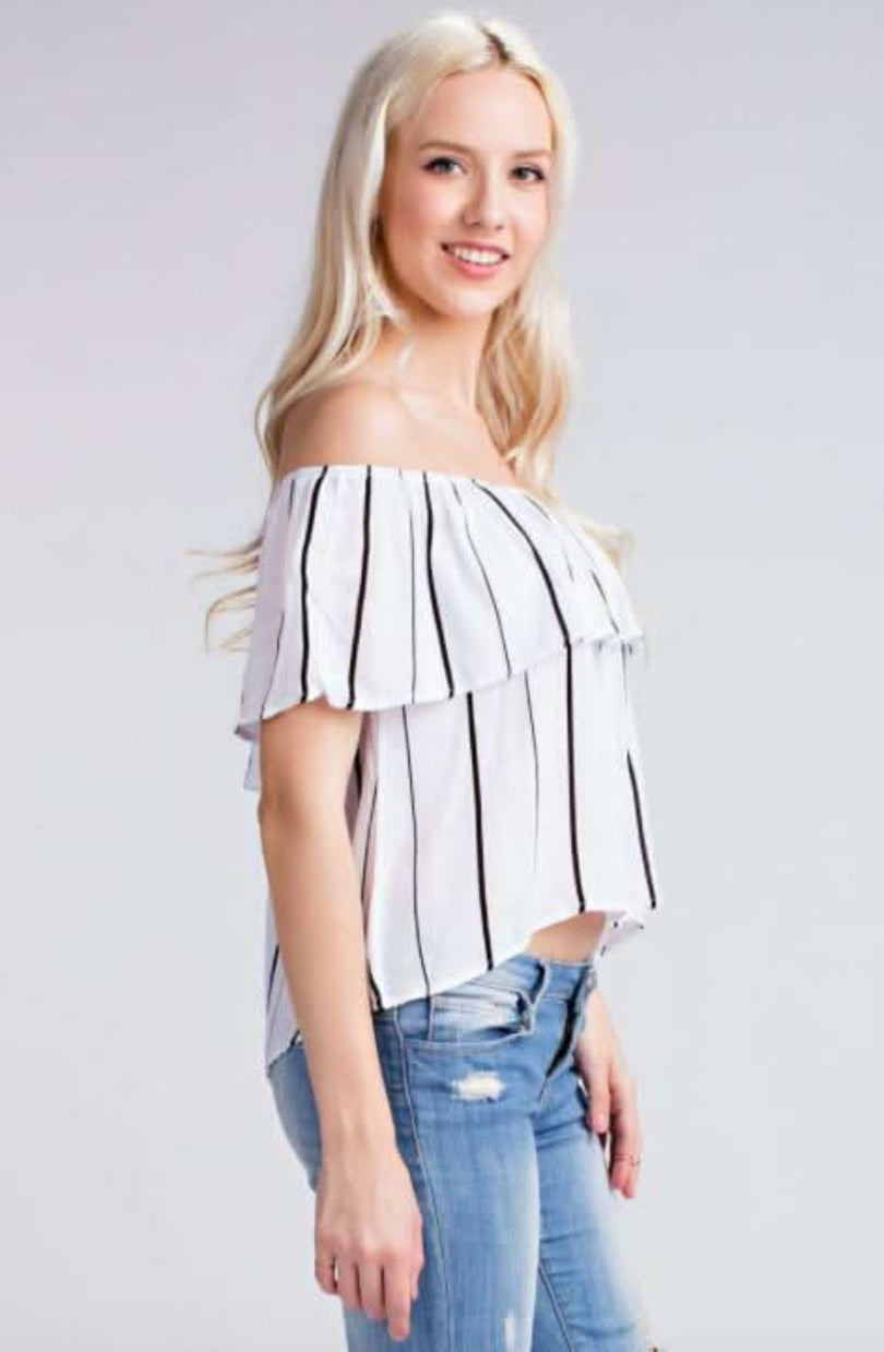 White striped summer top with jeans side view