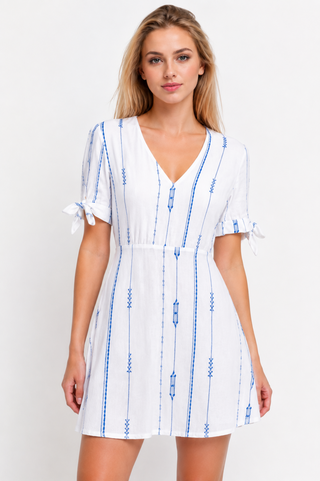 Lush Capri White and Blue Print Tie-Sleeve Mini Dress - Front View