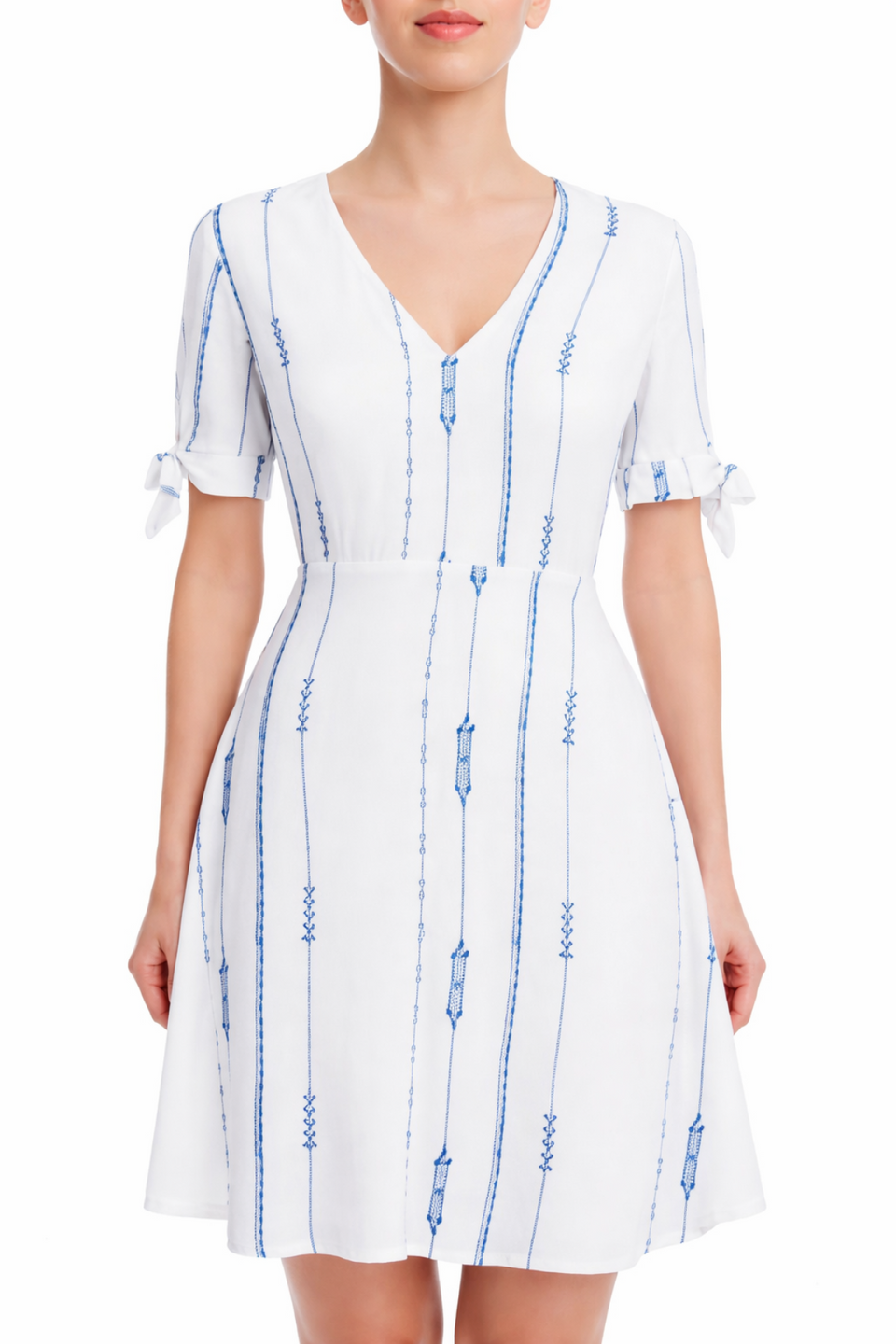 Front view of White and Blue Embroidered A-Line Mini Dress with V-neck and short tie sleeves
