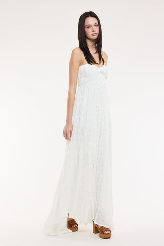 Flowy white clip dot maxi dress with strapless fit