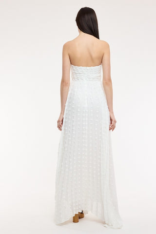 Back view of white strapless clip dot maxi dress