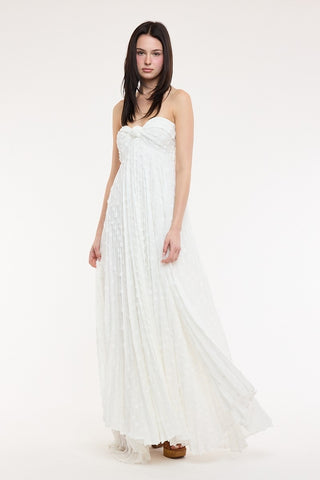 Front view of white strapless clip dot maxi dress