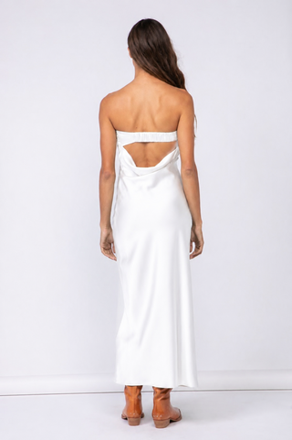 Irene Creamy White Satin Strapless Cowl Back Maxi Dress - Back View