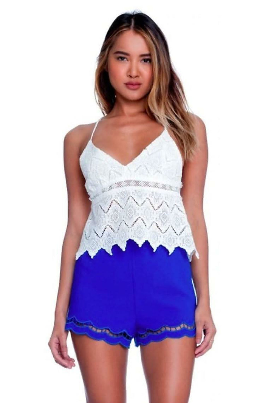white crochet halter crop top with v neckline - front view