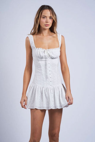 Sienna White Eyelet Corset Drop Waist Mini Dress - Front View