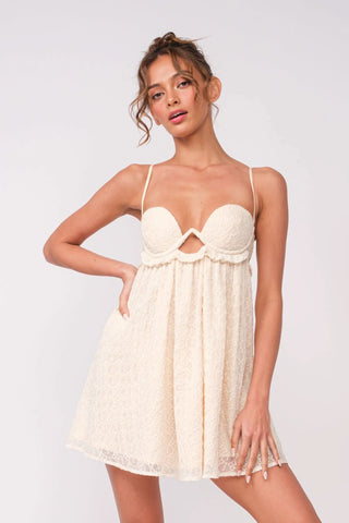 White eyelet bustier babydoll mini dress with cami straps