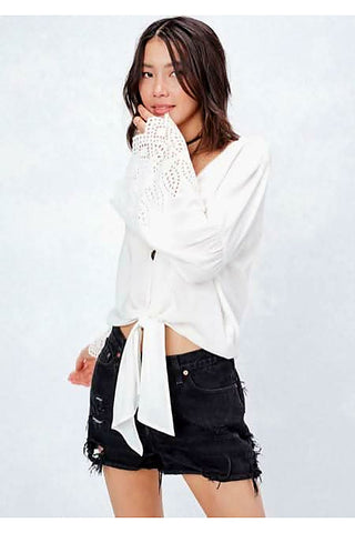 white eyelet front tie top angled view