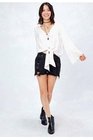 white eyelet front tie top full body view