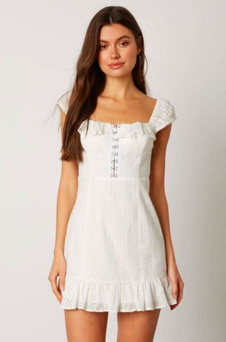 White eyelet hook and eye mini dress front view