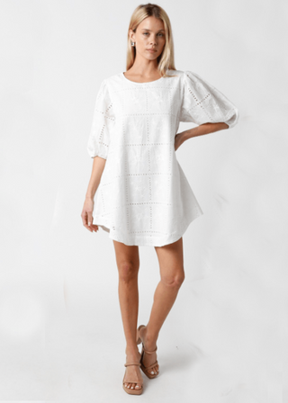 Kelly White Eyelet Puff Sleeve Shift Dress - Outfit View