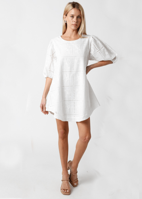 White Eyelet Puff Sleeve Shift Dress