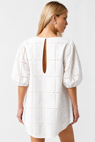 Kelly White Eyelet Puff Sleeve Shift Dress - Back View