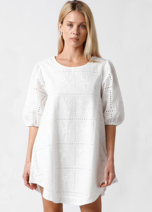 Olivaceous Kelly White Eyelet Puff Sleeve Shift Dress - Size M - Tunic - Summer - Vacation - Resort - Graduation - Sorority Olivaceous Kelly White Eyelet Puff Sleeve Shift Dress - Size M - Tunic - Summer - Vacation - Resort - Graduation - Sorority