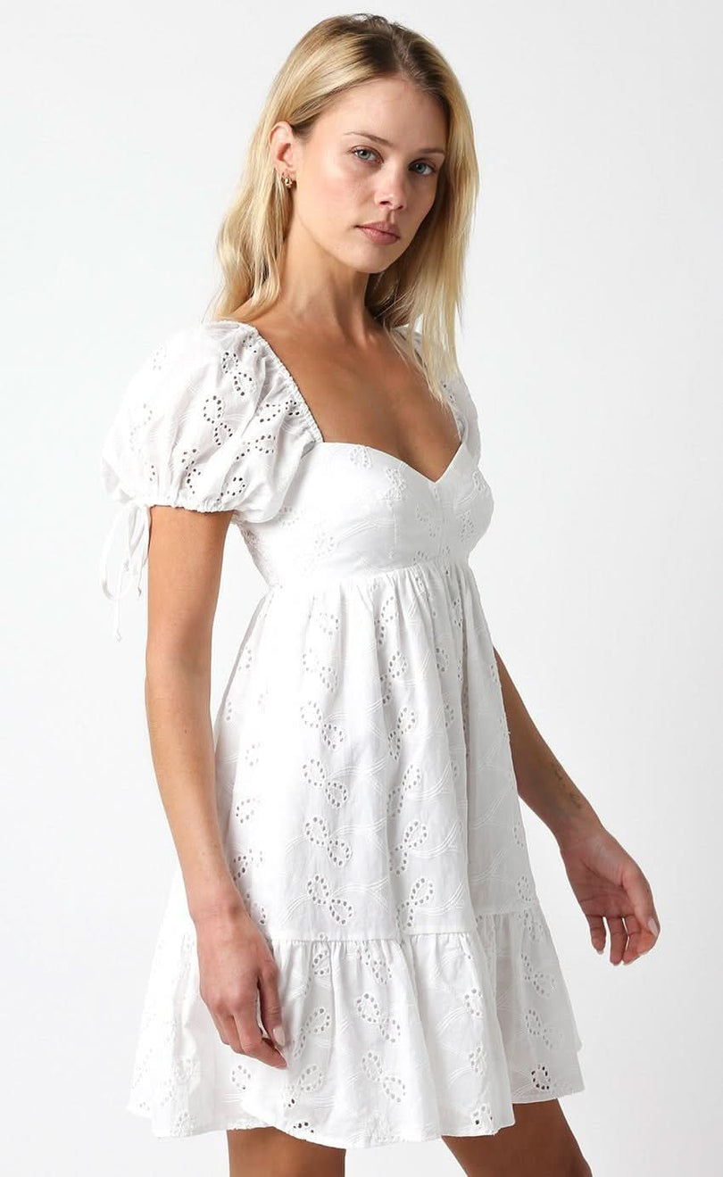 Jessie White Eyelet Babydoll Mini Dress a white babydall dress