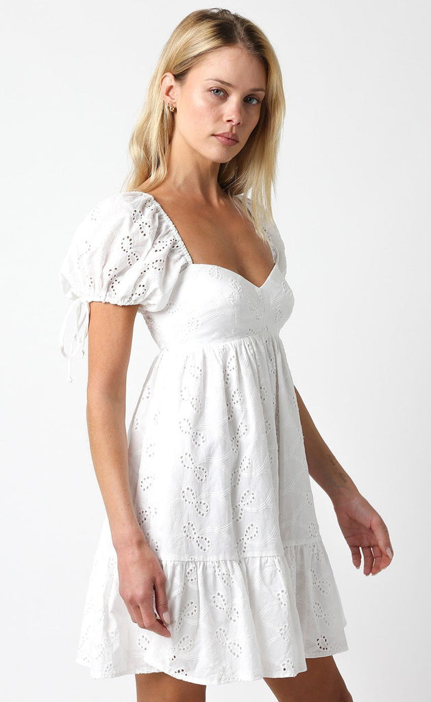 White Eyelet Puff Sleeve Mini Dress