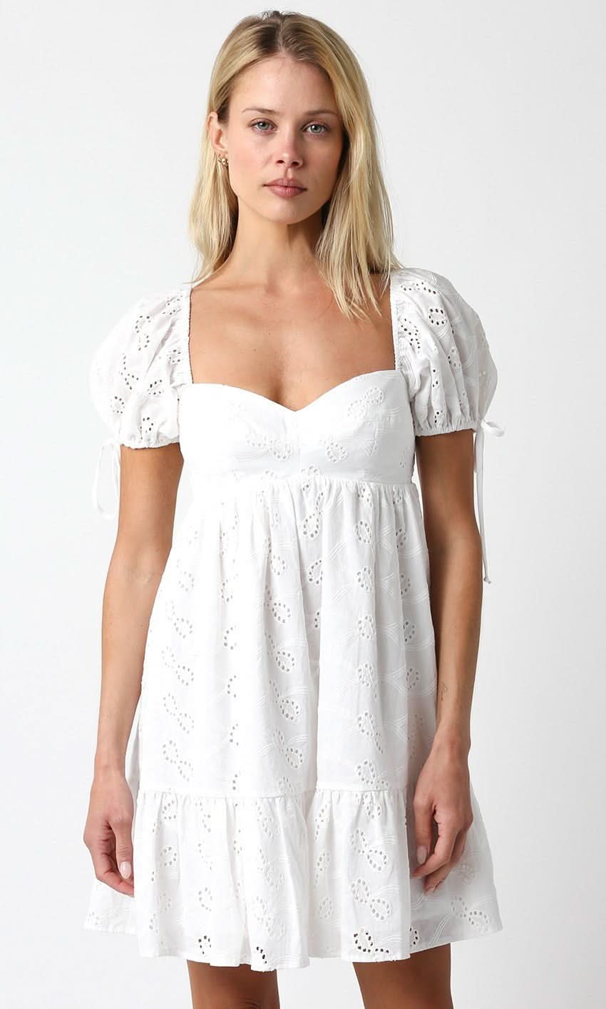 White Eyelet Babydoll Puff Sleeve Dress | Boho Pink White Eyelet Babydoll Puff Sleeve Dress | Boho Pink
