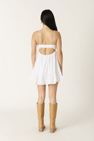 Back view of a white graduation dress with an open-back and elastic band 