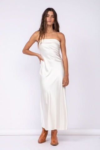 Irene Creamy White Satin Strapless Maxi Dress with a neckline overflap - Front
