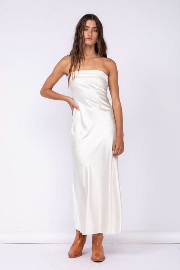 Cream Satin Strapless Cowl Back Maxi Dress | Boho Pink Cream Satin Strapless Cowl Back Maxi Dress | Boho Pink