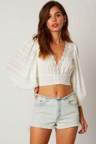 white lace puff sleeve crop top front view