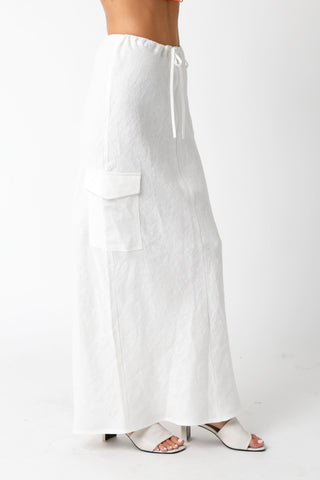 Kaia White Linen Cargo Maxi Skirt - Side View