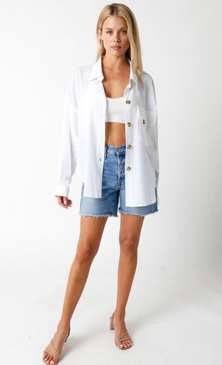 Renee White Button Down Top styled as a beach coverup