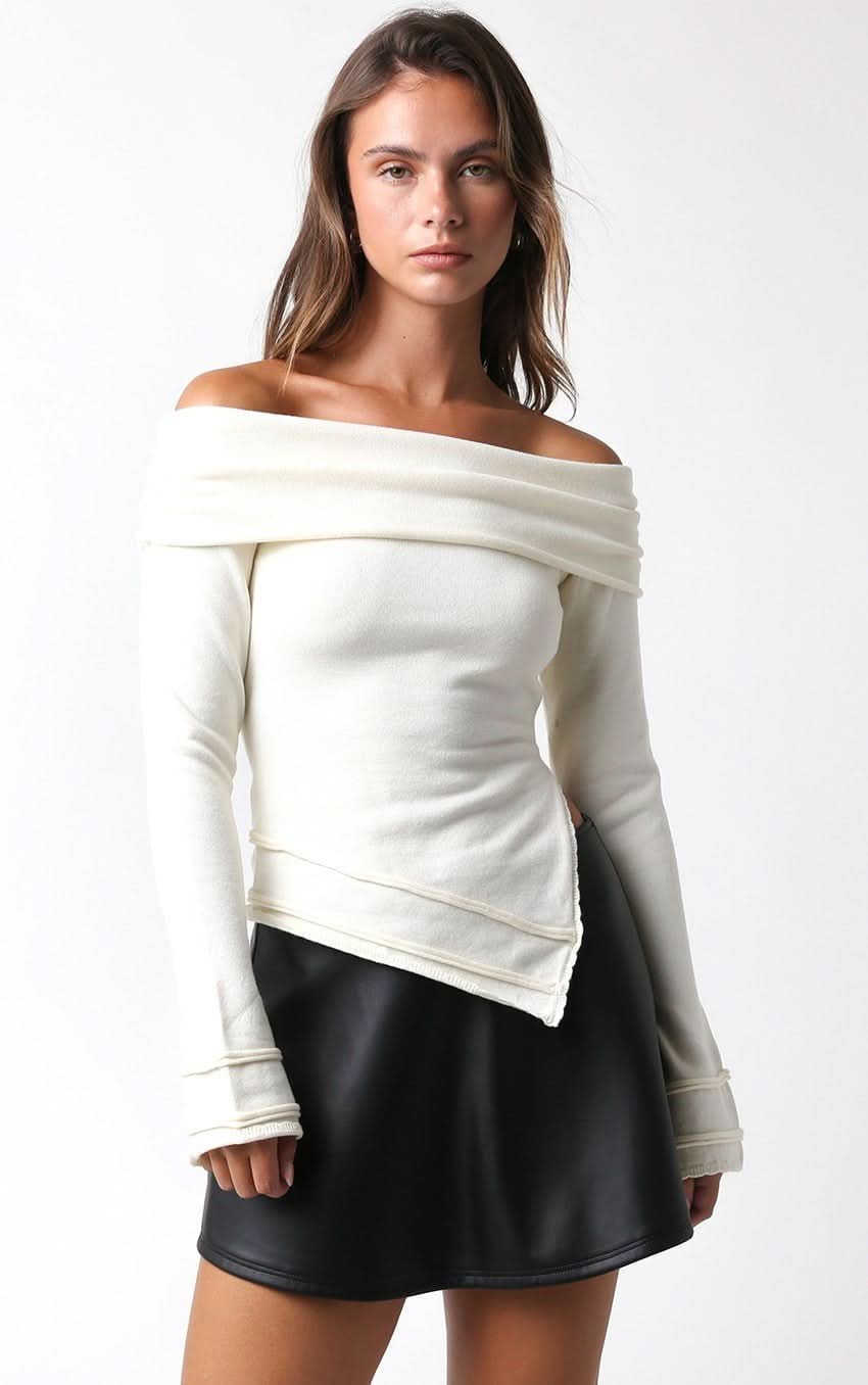 White Off Shoulder Asymmetric Hem Sweater Women's
