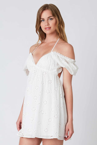 White eyelet off shoulder mini dress for graduation