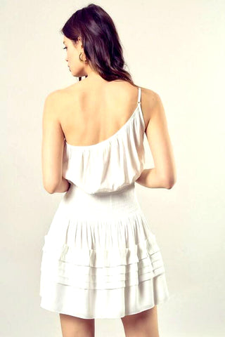 white one shoulder smocked mini dress back view
