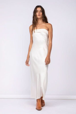 Irene Creamy White Satin Strapless Maxi Dress styled for prom