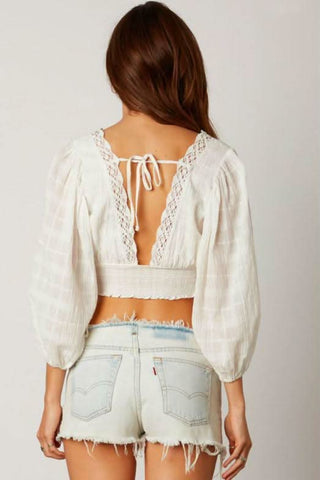 white puff sleeve boho crop top back tie detail