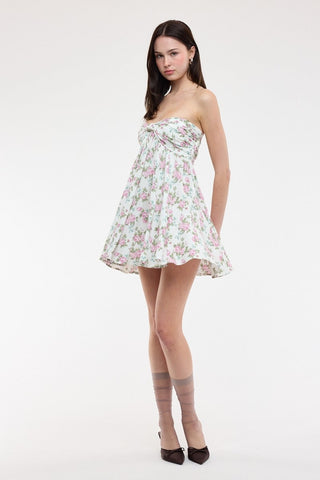 Flowy strapless babydoll dress with white and purple rose print