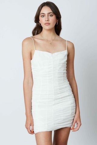 white ruched mini dress front view bodycon fit