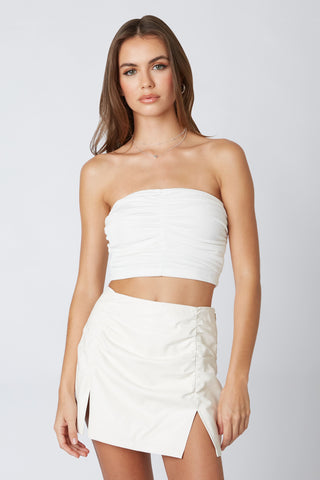 White ruched strapless crop top front view