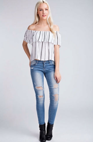 White ruffle top casual outfit