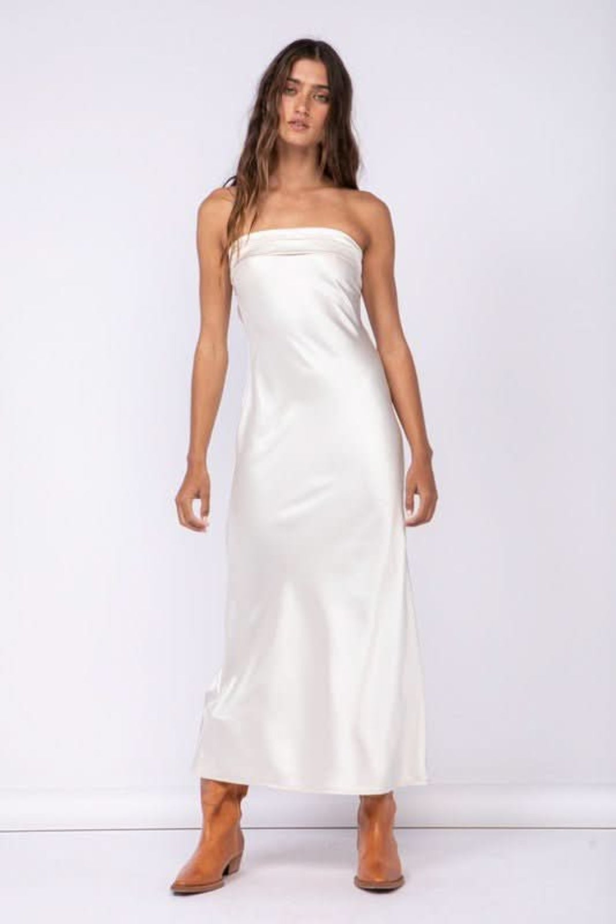 Irene Cream Satin Strapless Maxi Dress - Size S - Cowl Back & Ruched Elastic Strap