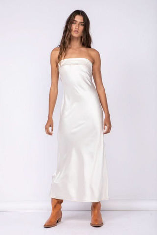 Irene Creamy White Satin Strapless Maxi Dress styled for graduation