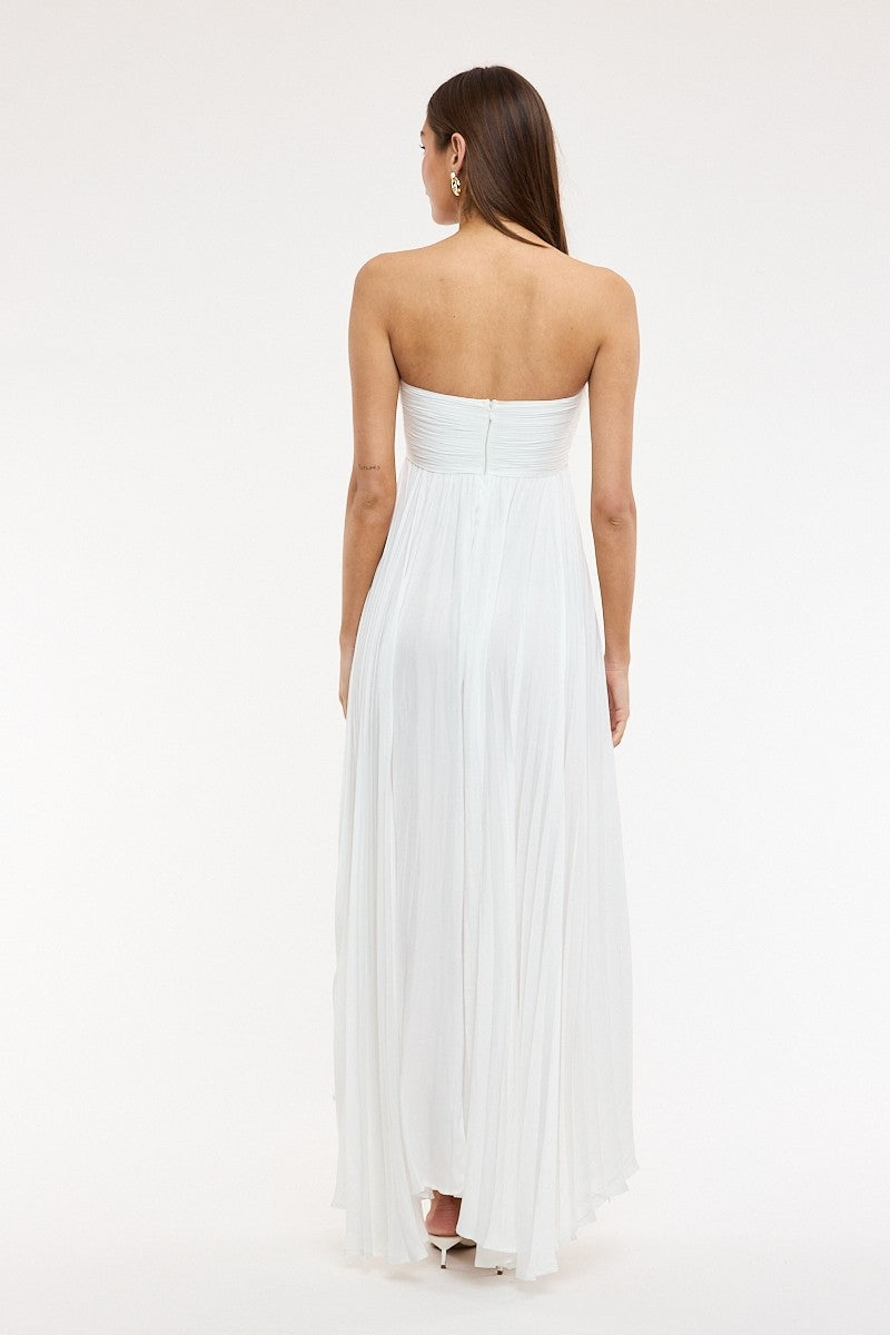 Back view of the Willow white pleated maxi dress, a perfect white dress for brides and summer events