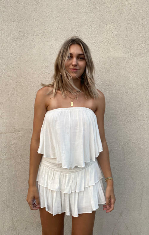 White Strapless Ruffle Romper