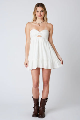 White strapless romper dress with twist front detail