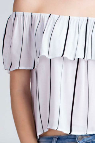lWhite striped off shoulder top front detail