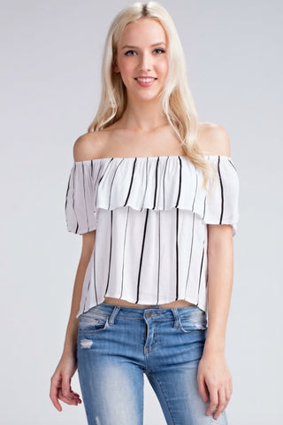 White striped off the shoulder ruffle top front view