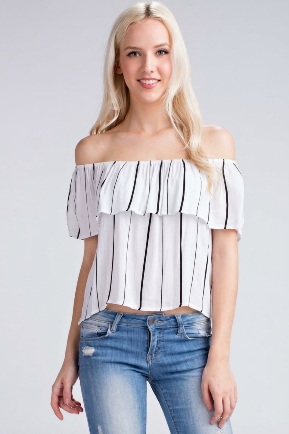 White striped off the shoulder ruffle top front view