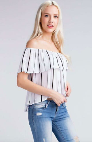 White Bardot ruffle top side view