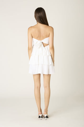 white babydoll mini dress back view bow detail strapless