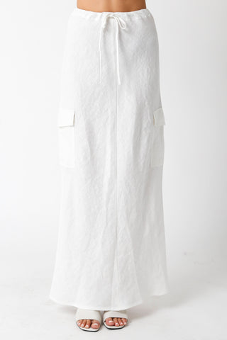 Kaia White Linen Cargo Maxi Skirt styled for vacation