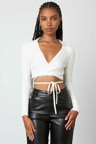 White wrap tie crop top front view