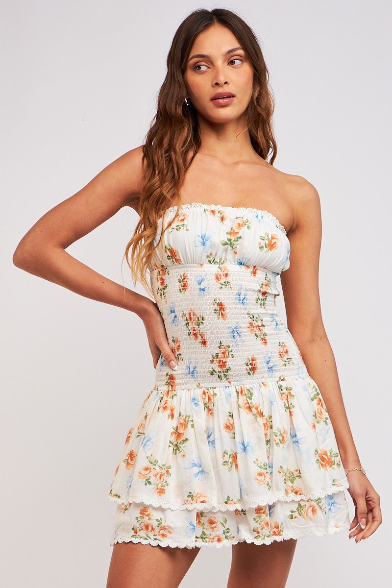 White Ribbon and Floral Strapless Drop Waist Dress