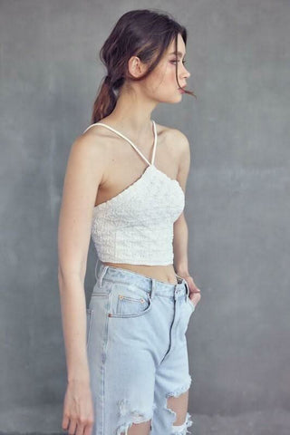 Love Story White Crochet Halter Crop Top - Side Angle View