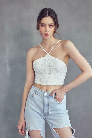 Love Story White Crochet Halter Crop Top - Front View